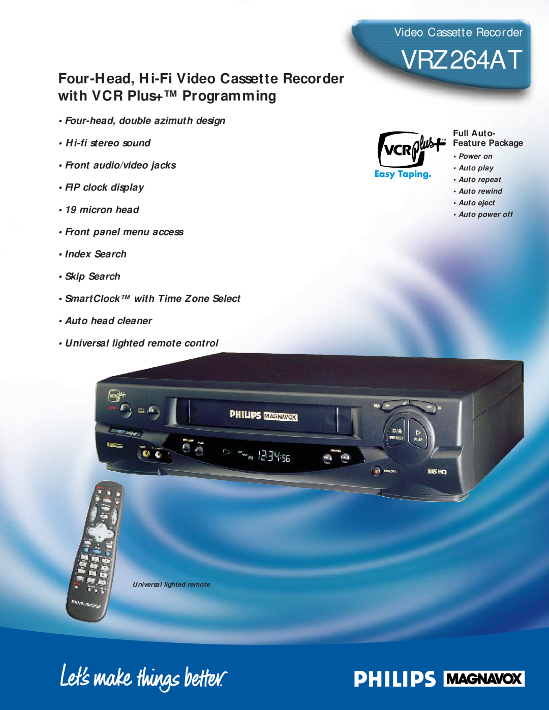 Philips VRZ264AT manual Four-Head, Hi-Fi Video Cassette Recorder with VCR Plus+ Programming 