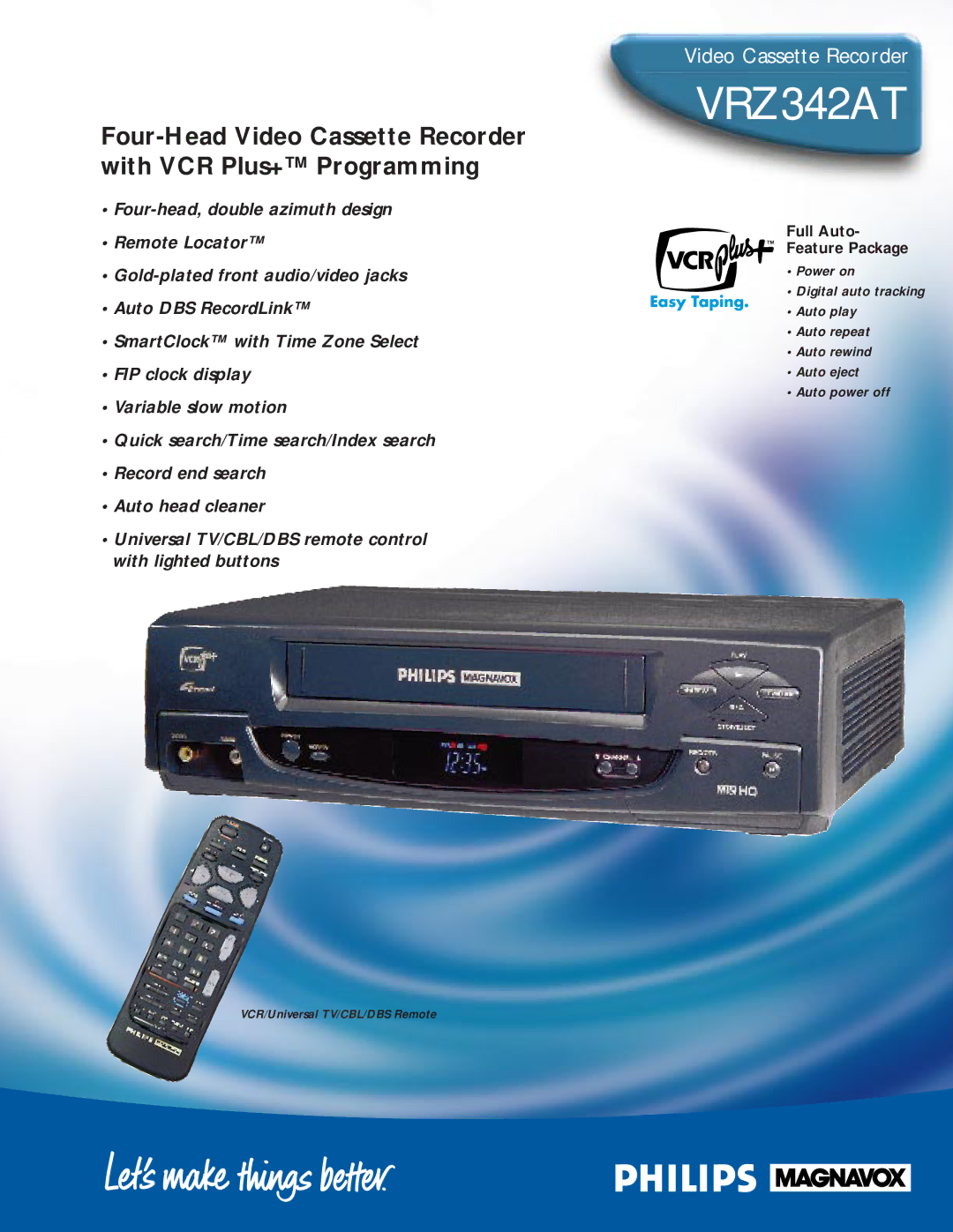 Philips VRZ342AT manual Full Auto Feature Package, VCR/Universal TV/CBL/DBS Remote 