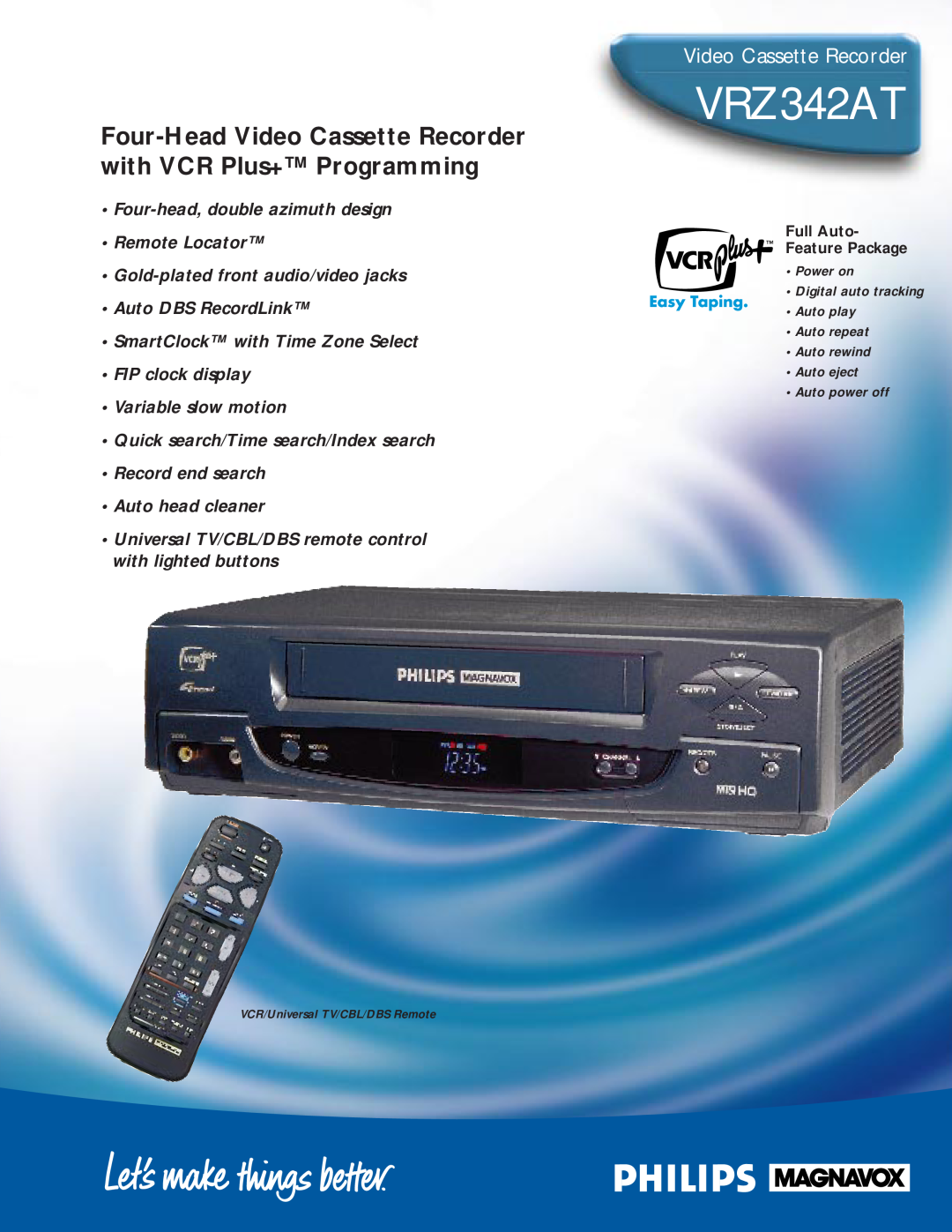 Philips VRZ342AT manual Four-Head Video Cassette Recorder with VCR Plus+ Programming 