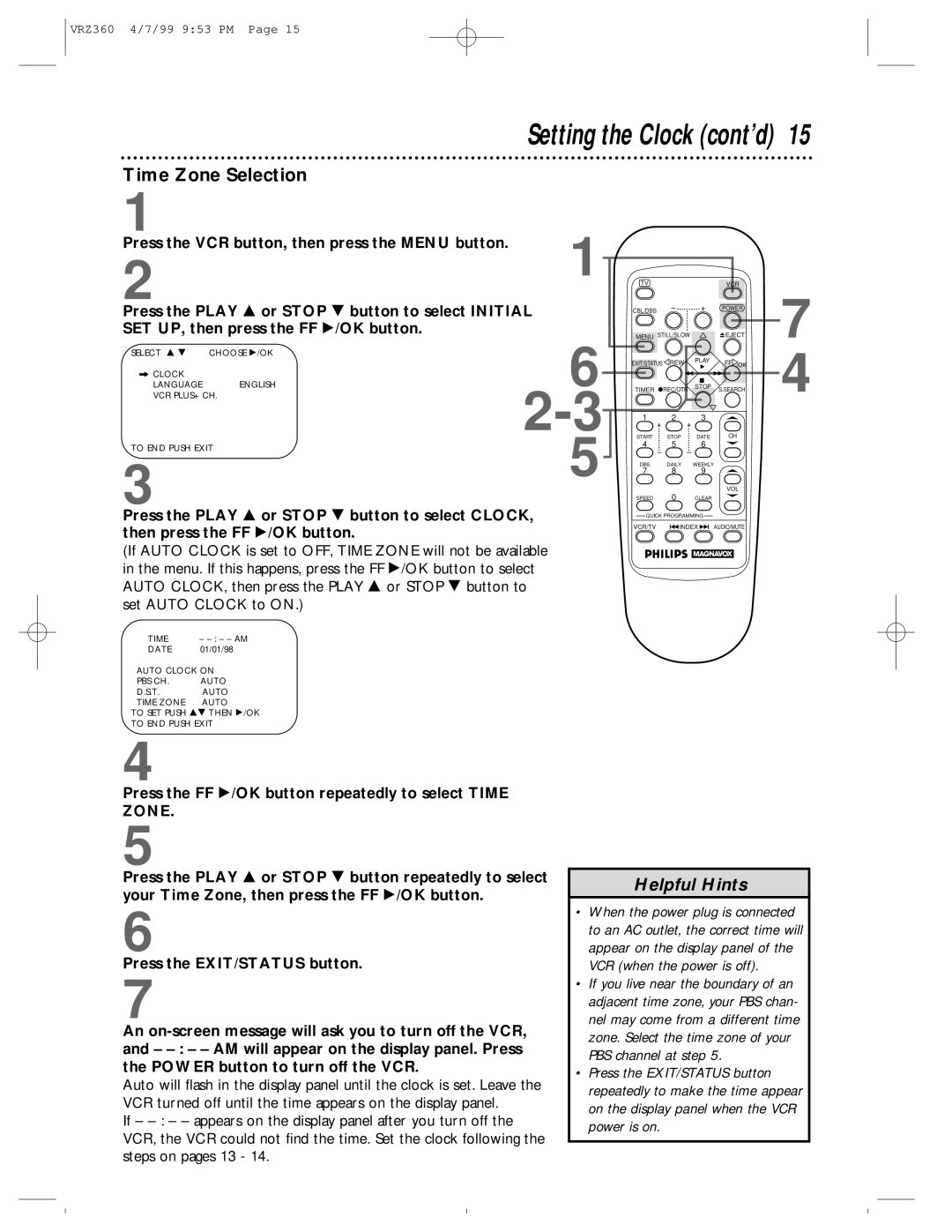 Philips VRZ360 owner manual Time Zone Selection, Press the FF /OK button repeatedly to select Time 