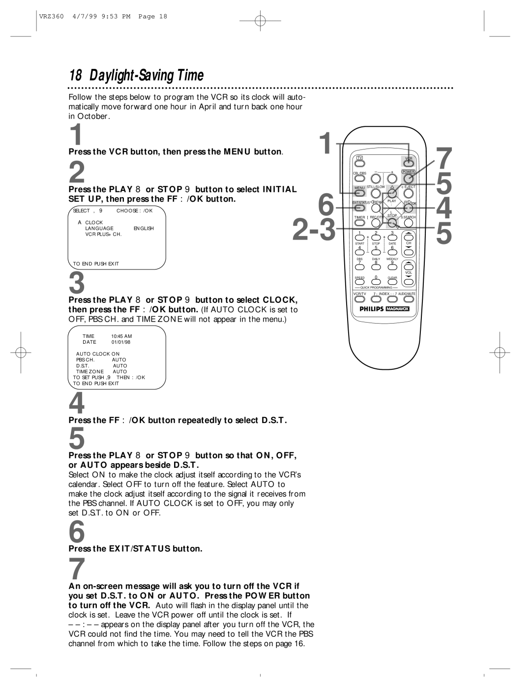 Philips VRZ360 owner manual Daylight-Saving Time, Press the VCR button, then press the Menu button 