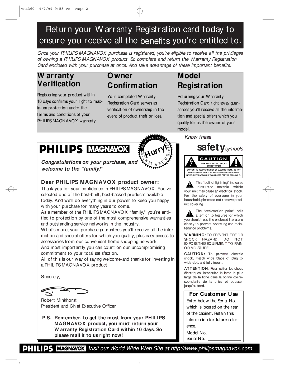 Philips VRZ360 owner manual Dear Philips Magnavox product owner, For Customer Use 