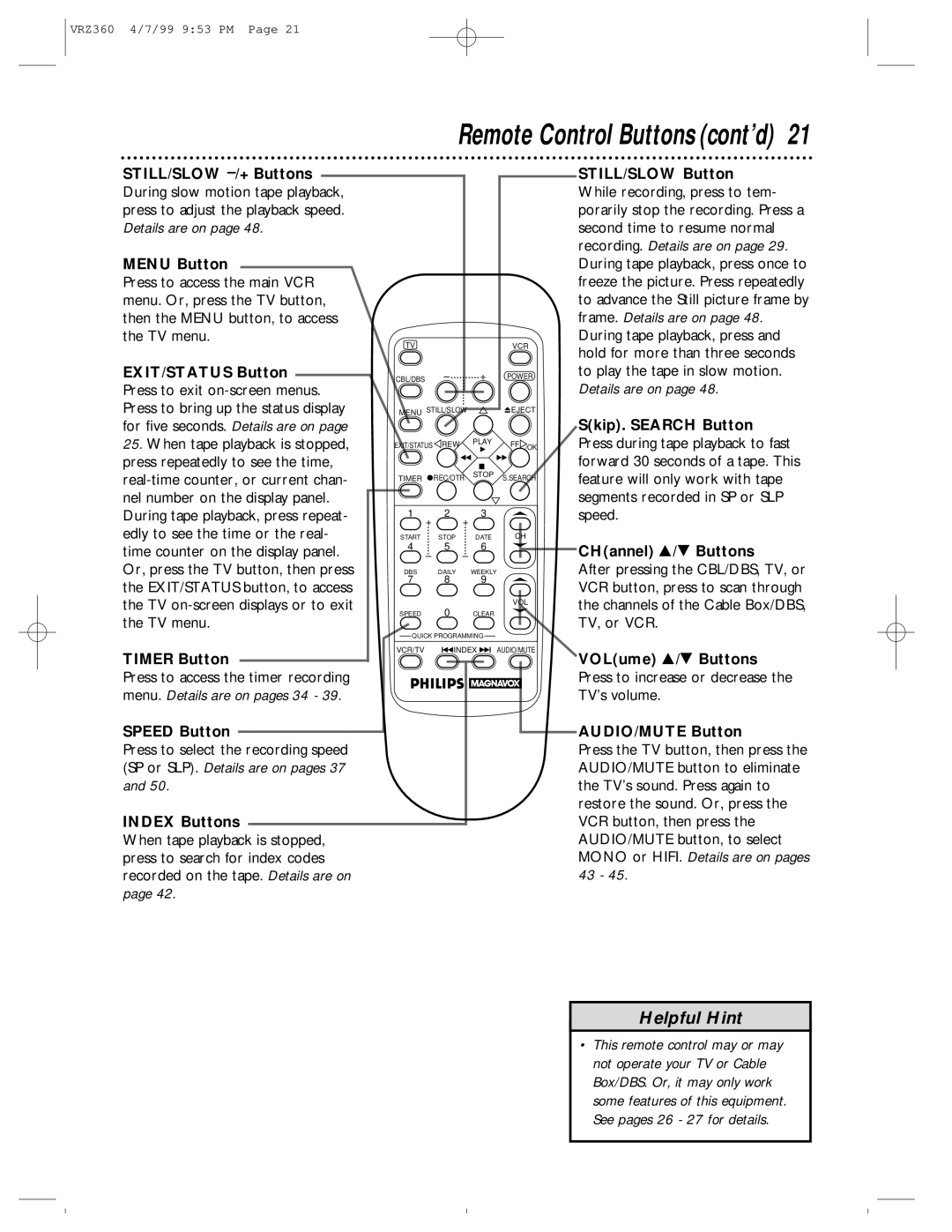 Philips VRZ360 owner manual Menu Button, EXIT/STATUS Button, Timer Button, Speed Button, Index Buttons 