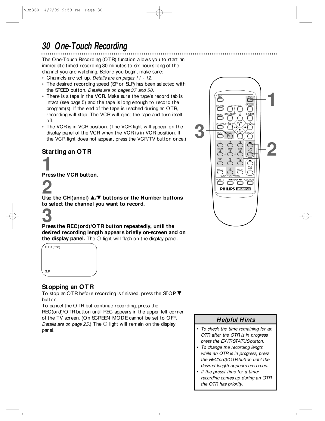 Philips VRZ360 One-Touch Recording, Starting an OTR, Stopping an OTR, Channels are set up. Details are on pages 11 