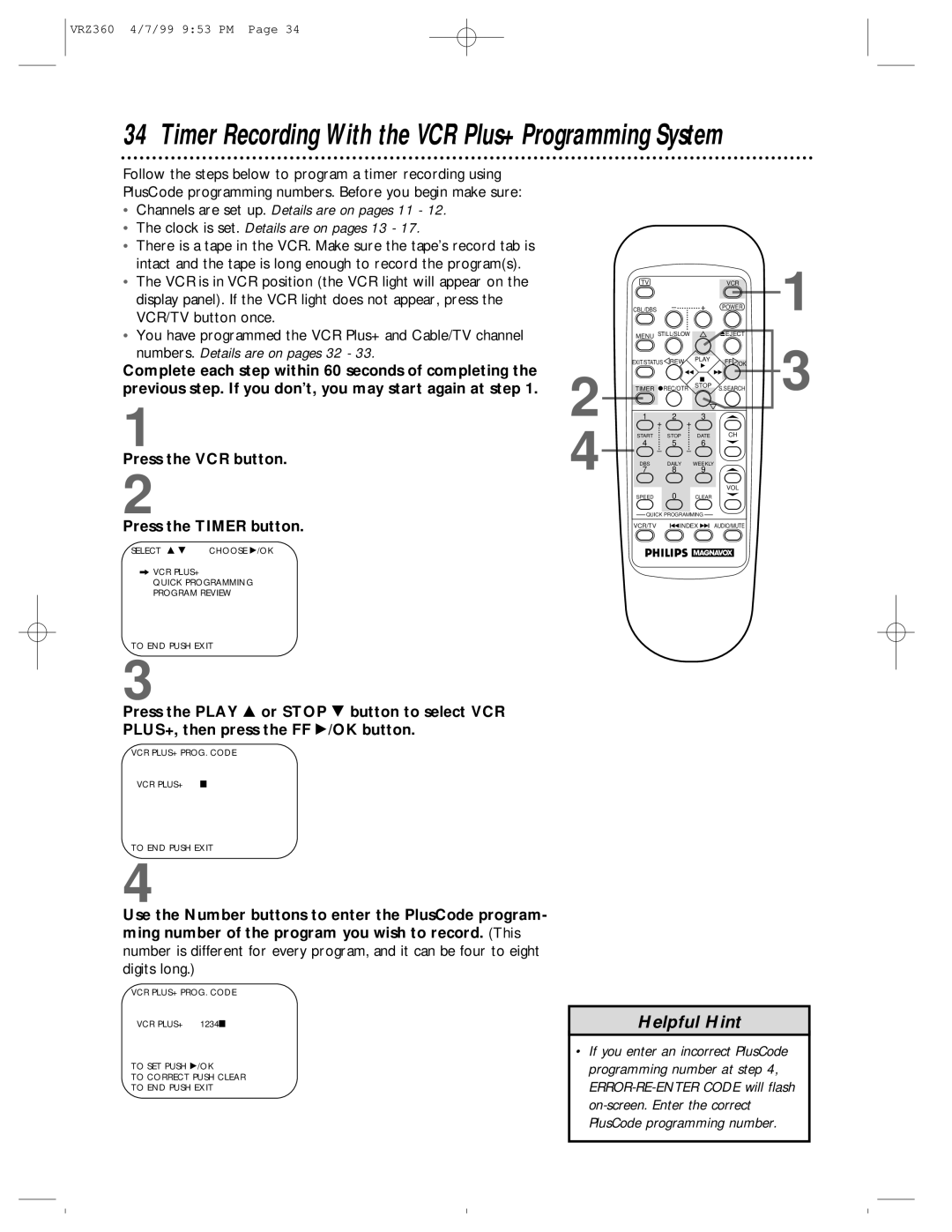 Philips VRZ360 owner manual Timer Recording With the VCR Plus+ Programming System 