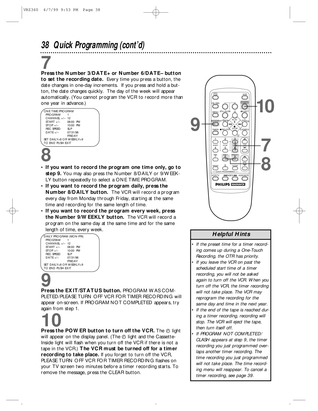 Philips VRZ360 owner manual Quick Programming cont’d 