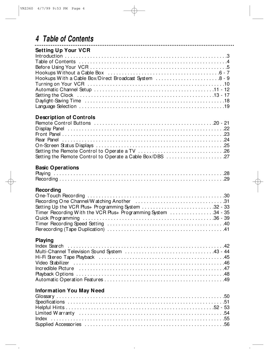 Philips VRZ360 owner manual Table of Contents 