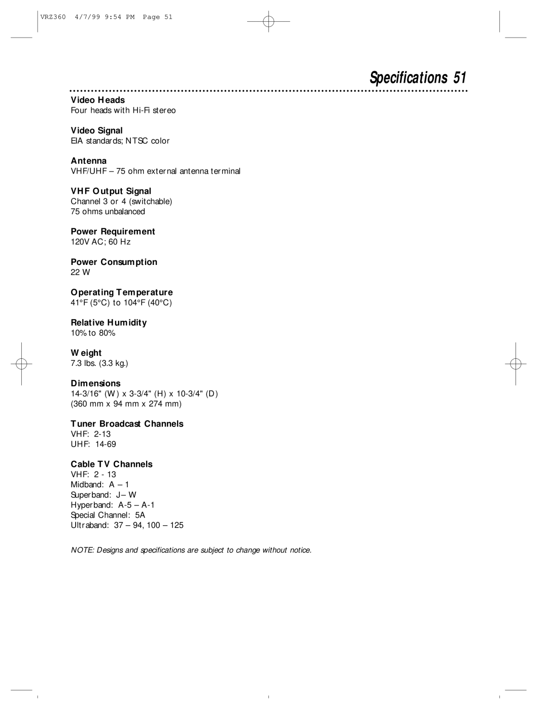 Philips VRZ360 owner manual Specifications 