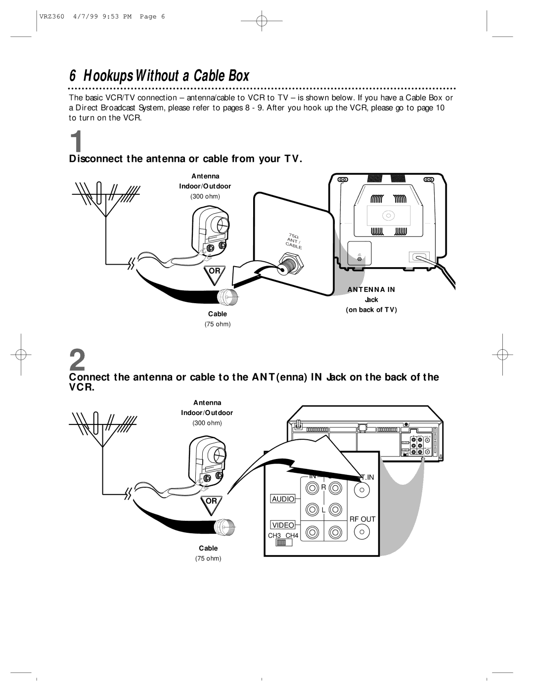 Philips VRZ360 owner manual Hookups Without a Cable Box, Disconnect the antenna or cable from your TV 