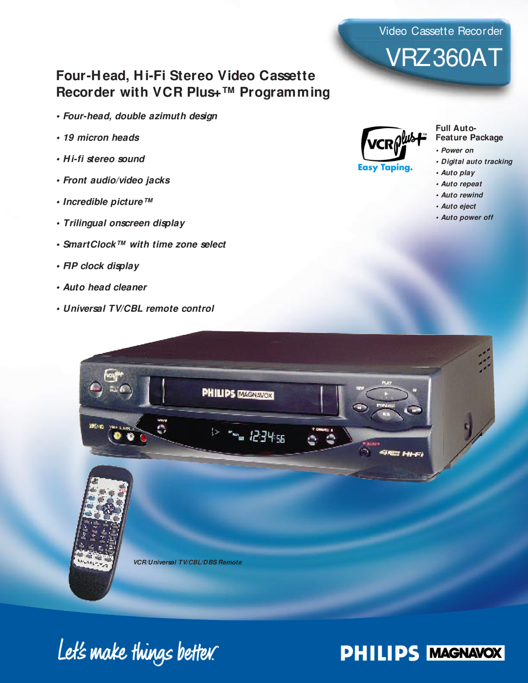 Philips VRZ360AT manual Full Auto Feature Package, VCR/Universal TV/CBL/DBS Remote 