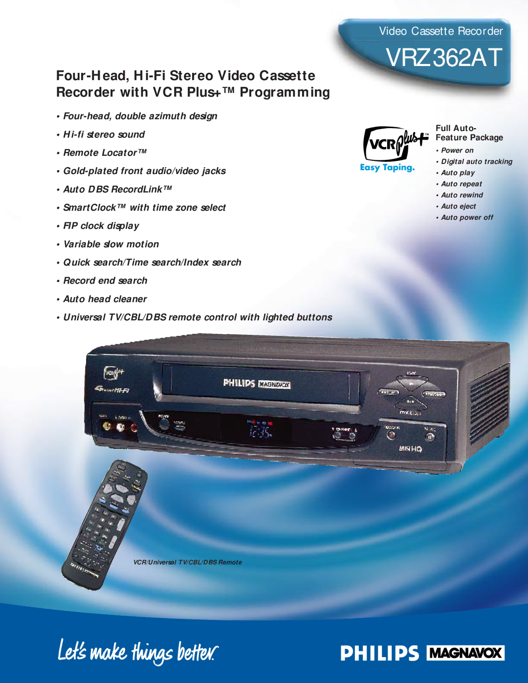 Philips VRZ362AT manual Full Auto Feature Package, VCR/Universal TV/CBL/DBS Remote 