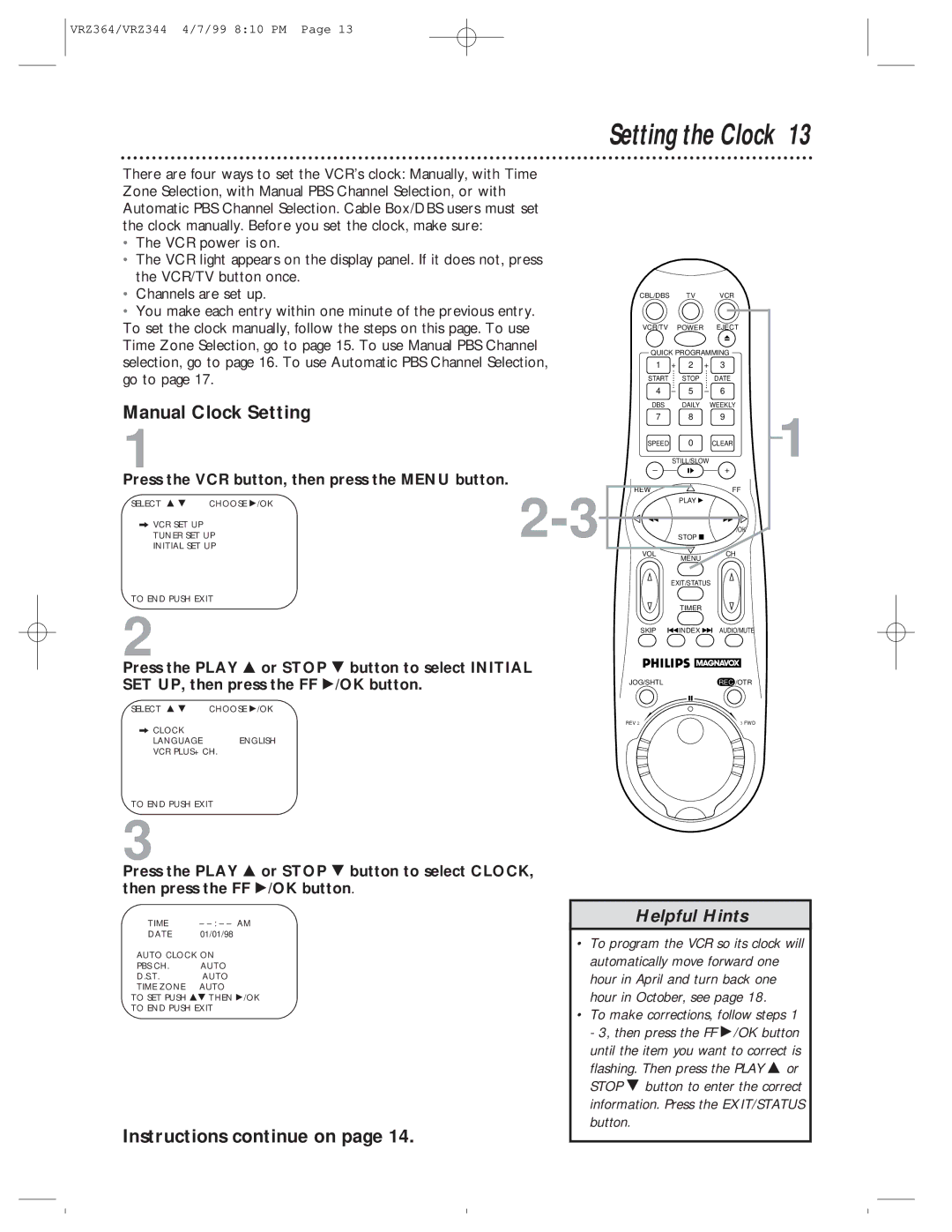 Philips VRZ344AT, VRZ364AT owner manual Setting the Clock, Manual Clock Setting, Instructions continue on 