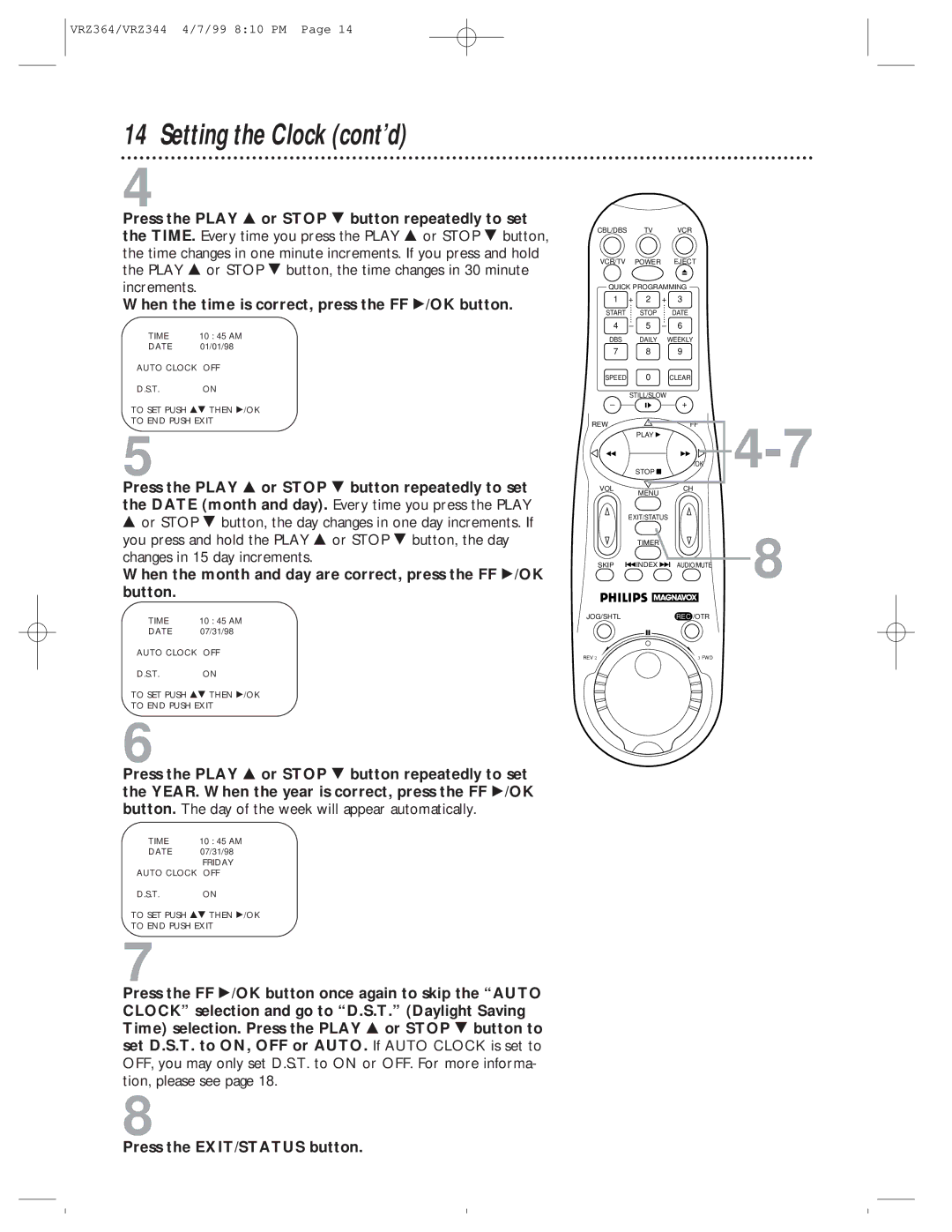 Philips VRZ364AT, VRZ344AT Setting the Clock cont’d, When the month and day are correct, press the FF /OK button 