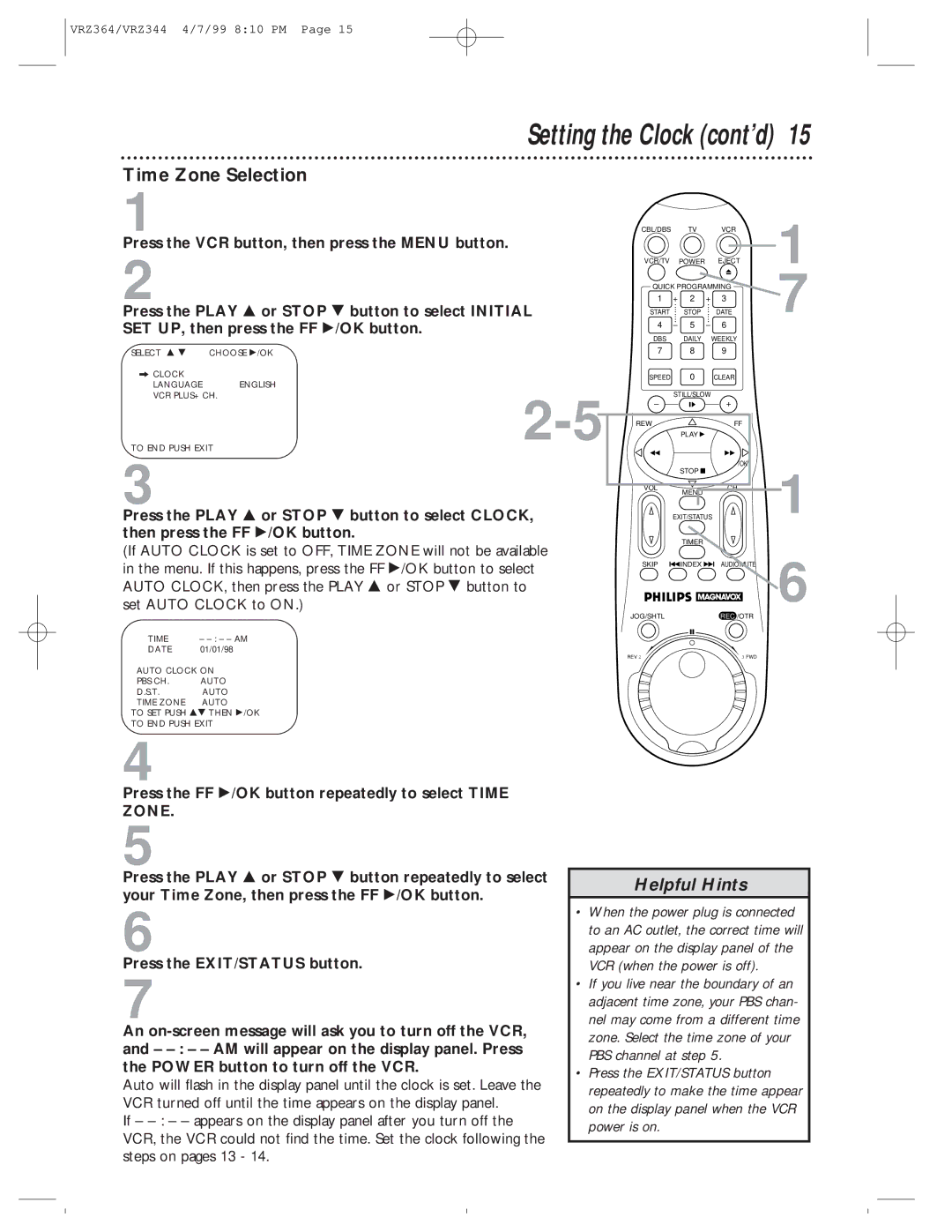 Philips VRZ344AT, VRZ364AT owner manual Time Zone Selection, Press the FF /OK button repeatedly to select Time 