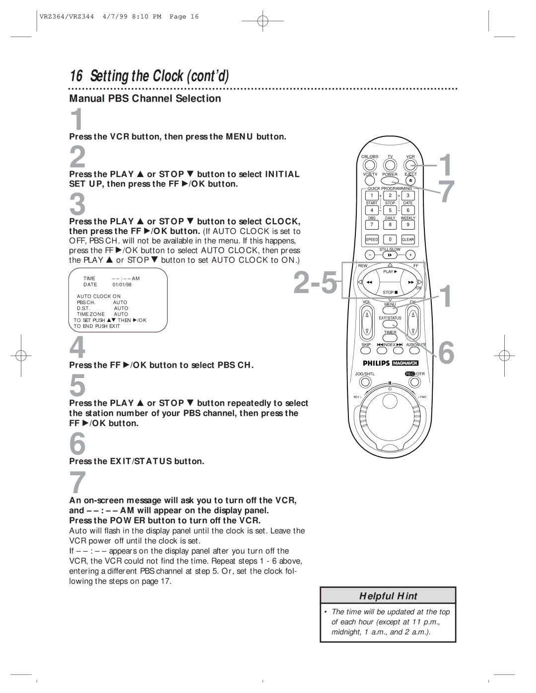 Philips VRZ364AT, VRZ344AT owner manual Manual PBS Channel Selection, Date 