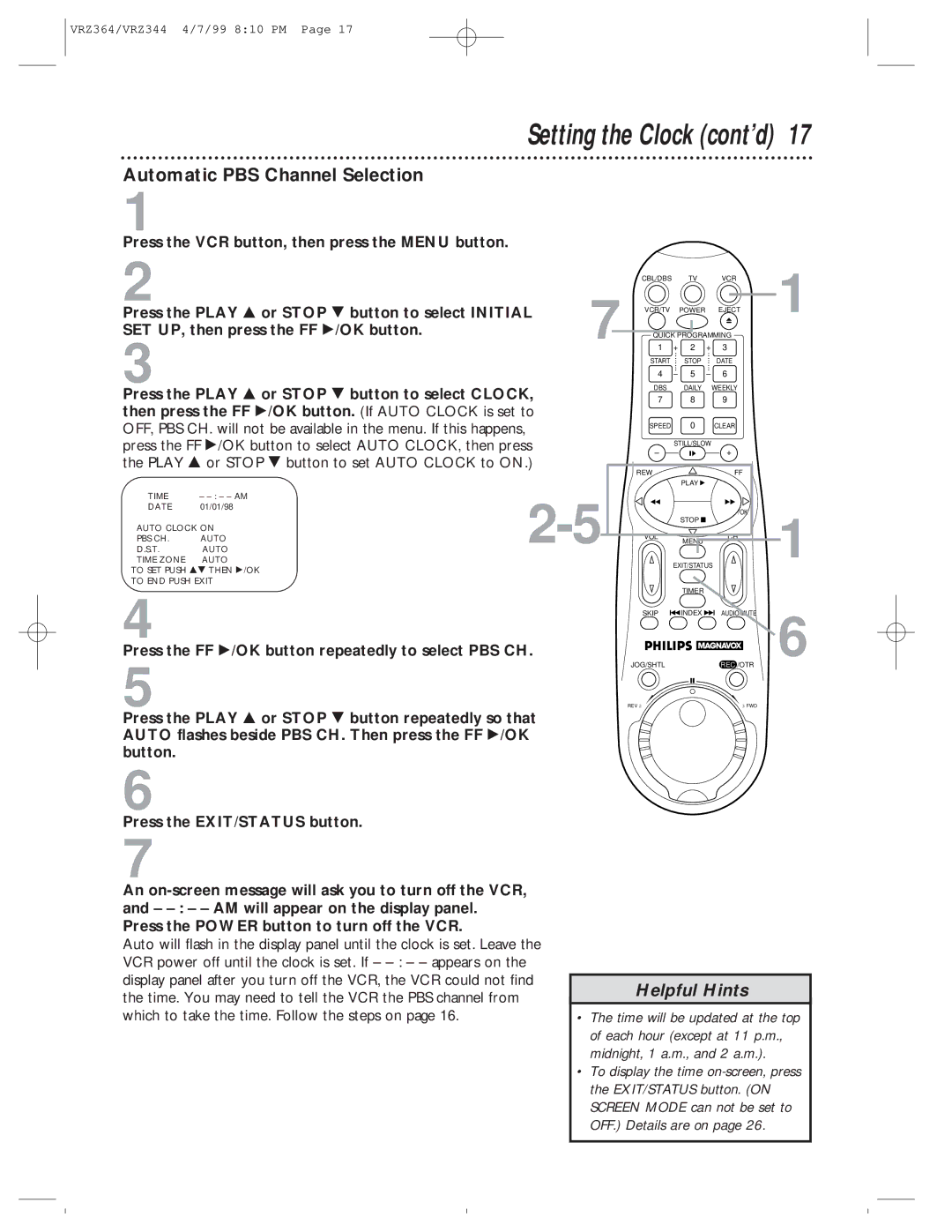 Philips VRZ344AT, VRZ364AT owner manual Automatic PBS Channel Selection, Press the FF /OK button repeatedly to select PBS CH 