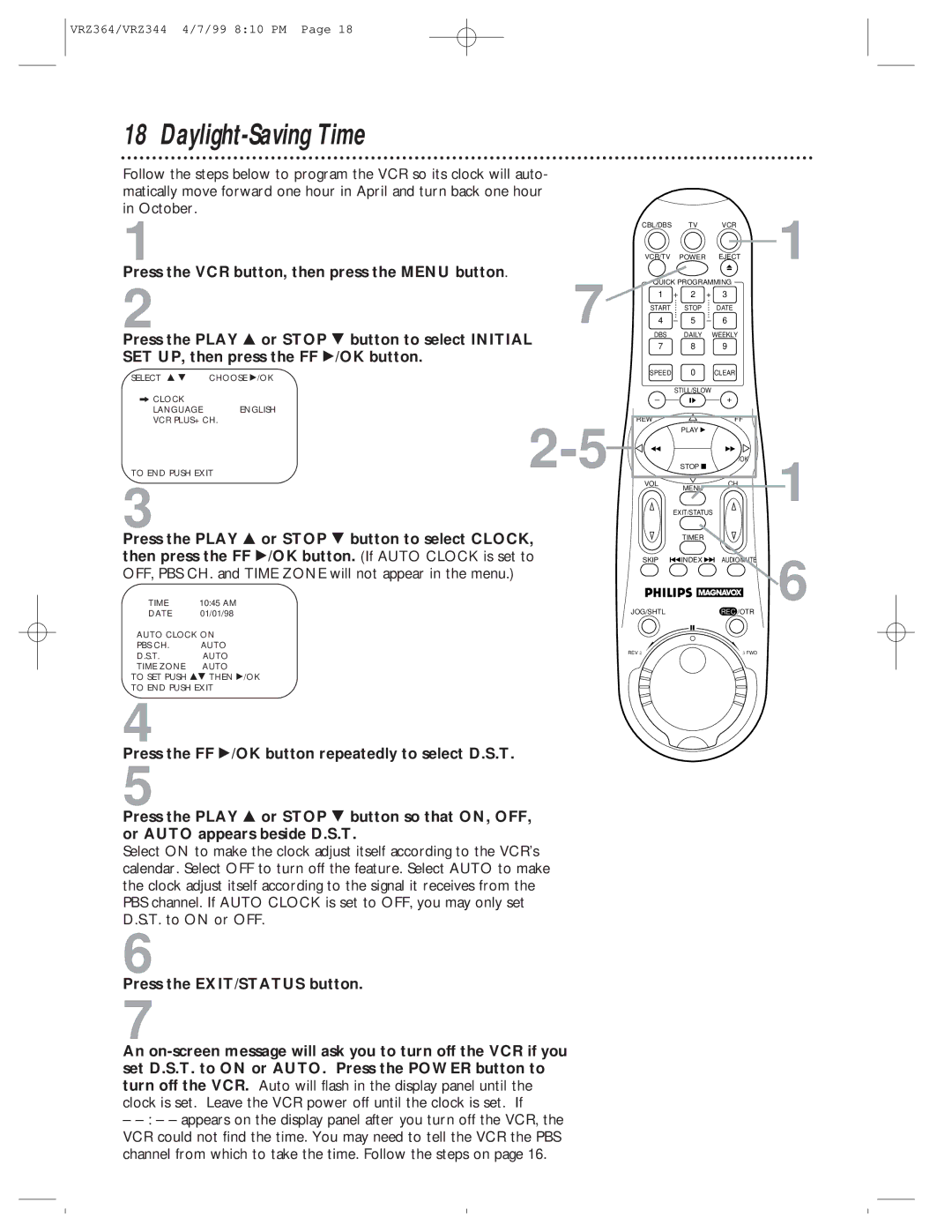 Philips VRZ364AT, VRZ344AT owner manual Daylight-Saving Time 