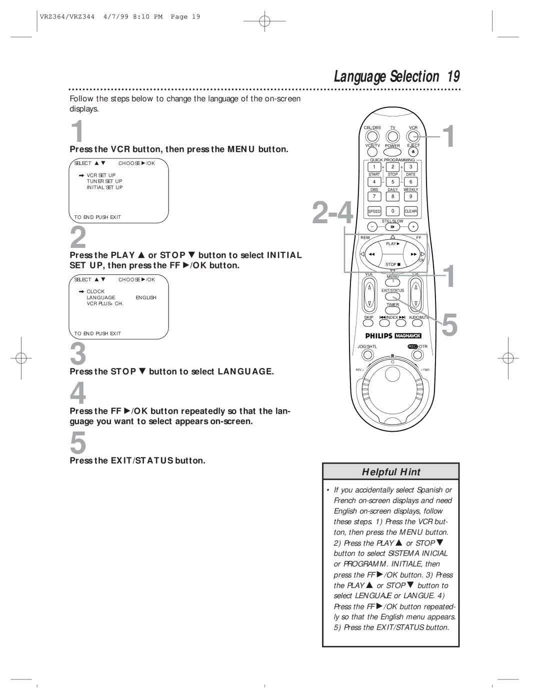 Philips VRZ344AT, VRZ364AT owner manual Language Selection, Press the Stop 9 button to select Language 