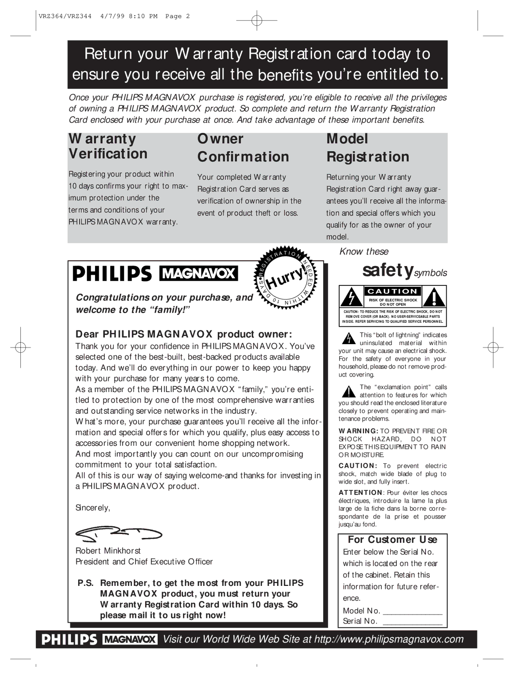 Philips VRZ364AT, VRZ344AT owner manual Dear Philips Magnavox product owner, For Customer Use 