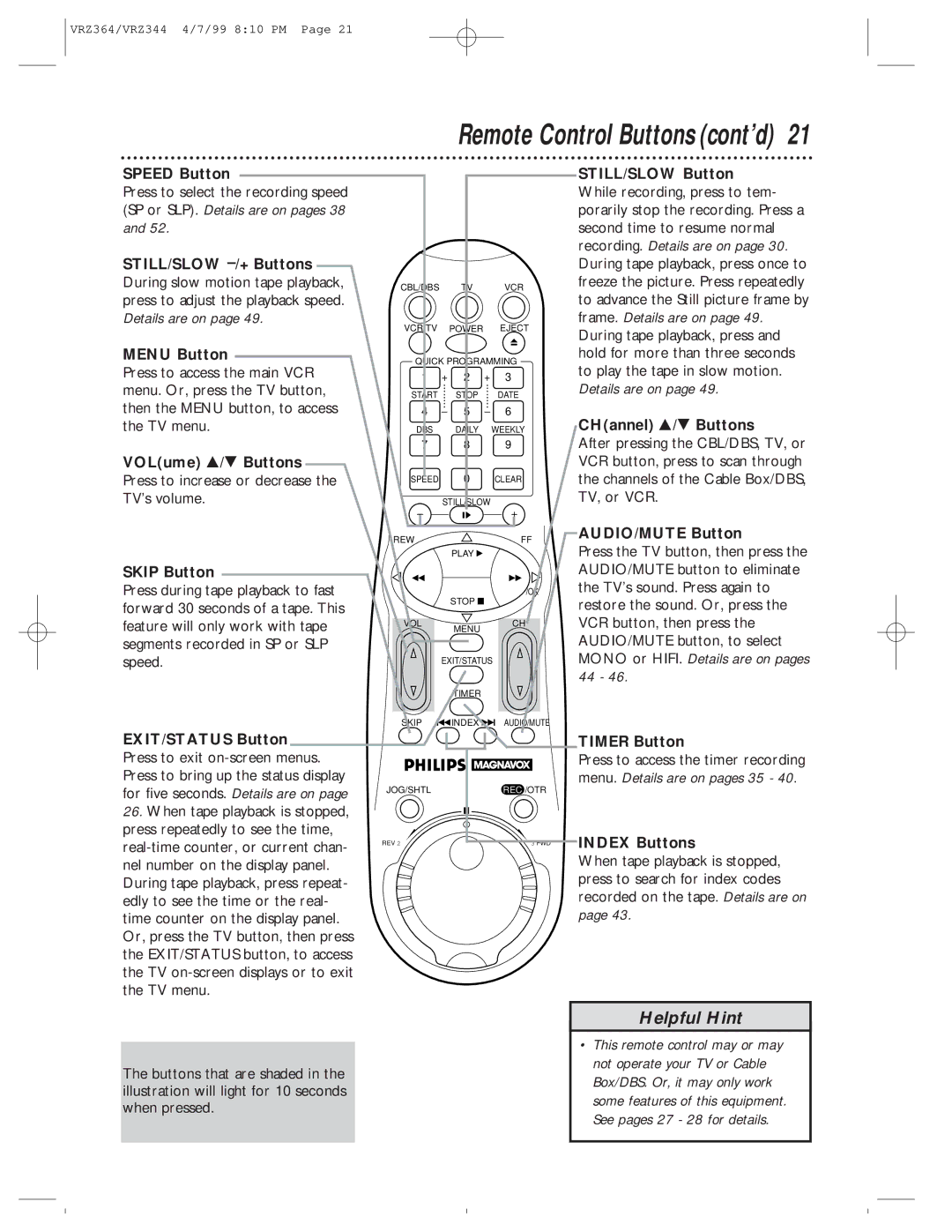 Philips VRZ344AT, VRZ364AT Speed Button, Menu Button, VOLume 8/9 Buttons, Skip Button, AUDIO/MUTE Button, Timer Button 