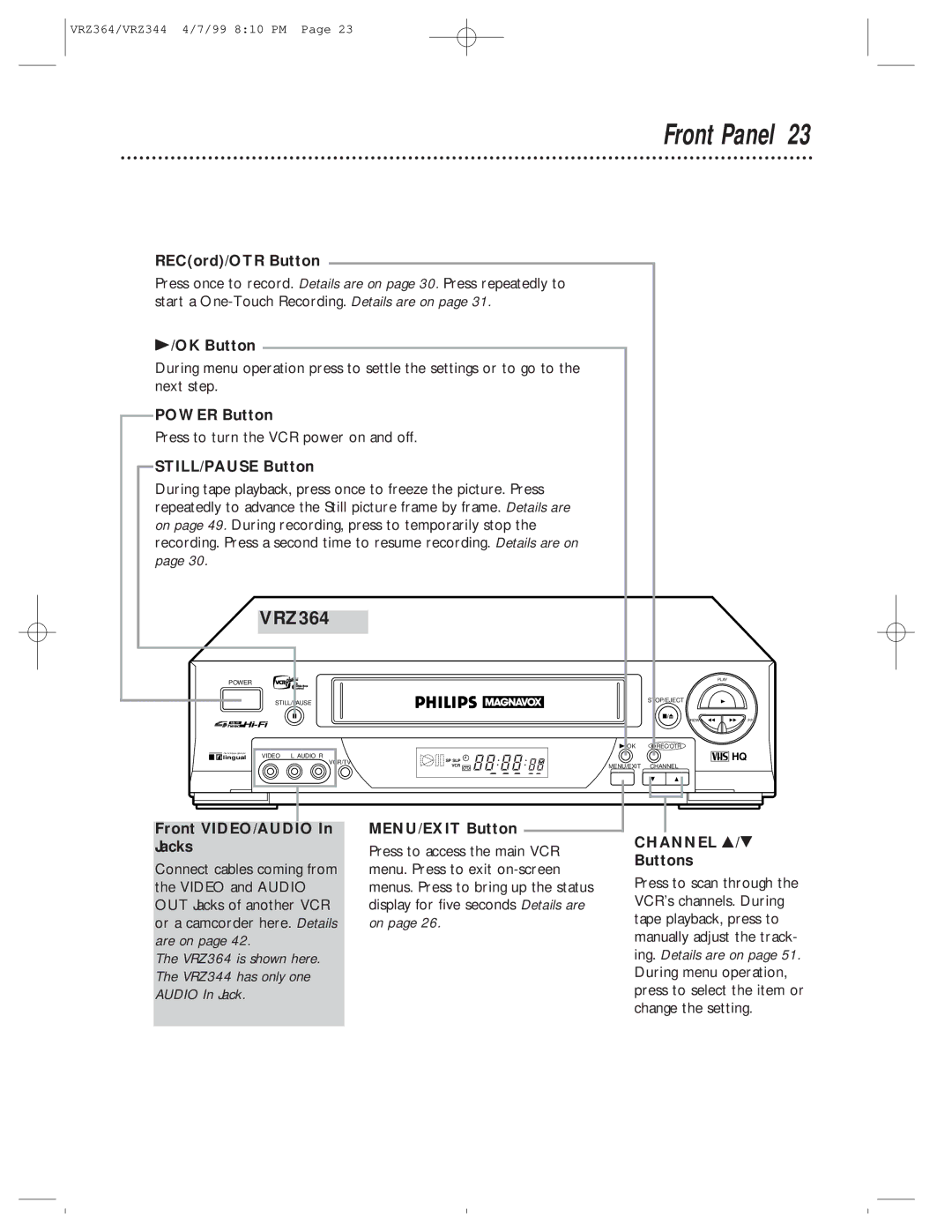 Philips VRZ344AT, VRZ364AT owner manual Front Panel 