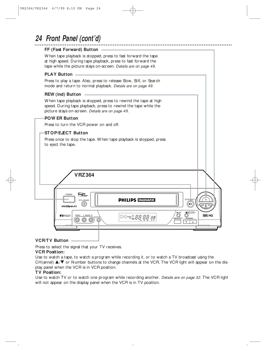 Philips VRZ364AT, VRZ344AT owner manual Front Panel cont’d 