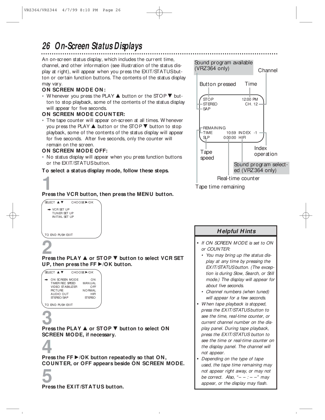 Philips VRZ364AT, VRZ344AT owner manual On-Screen Status Displays, If on Screen Mode is set to on or Counter 