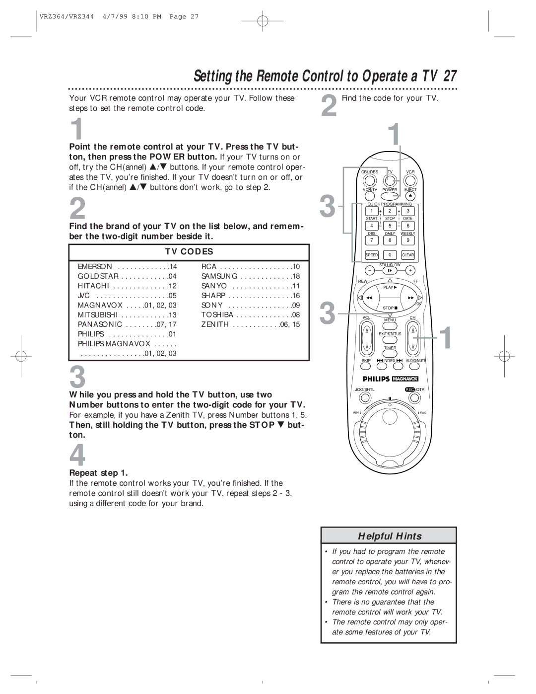 Philips VRZ344AT, VRZ364AT owner manual Setting the Remote Control to Operate a TV, Find the code for your TV 