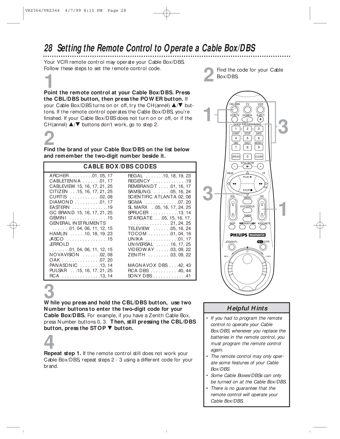 Philips VRZ364AT, VRZ344AT Setting the Remote Control to Operate a Cable Box/DBS, Find the code for your Cable Box/DBS 