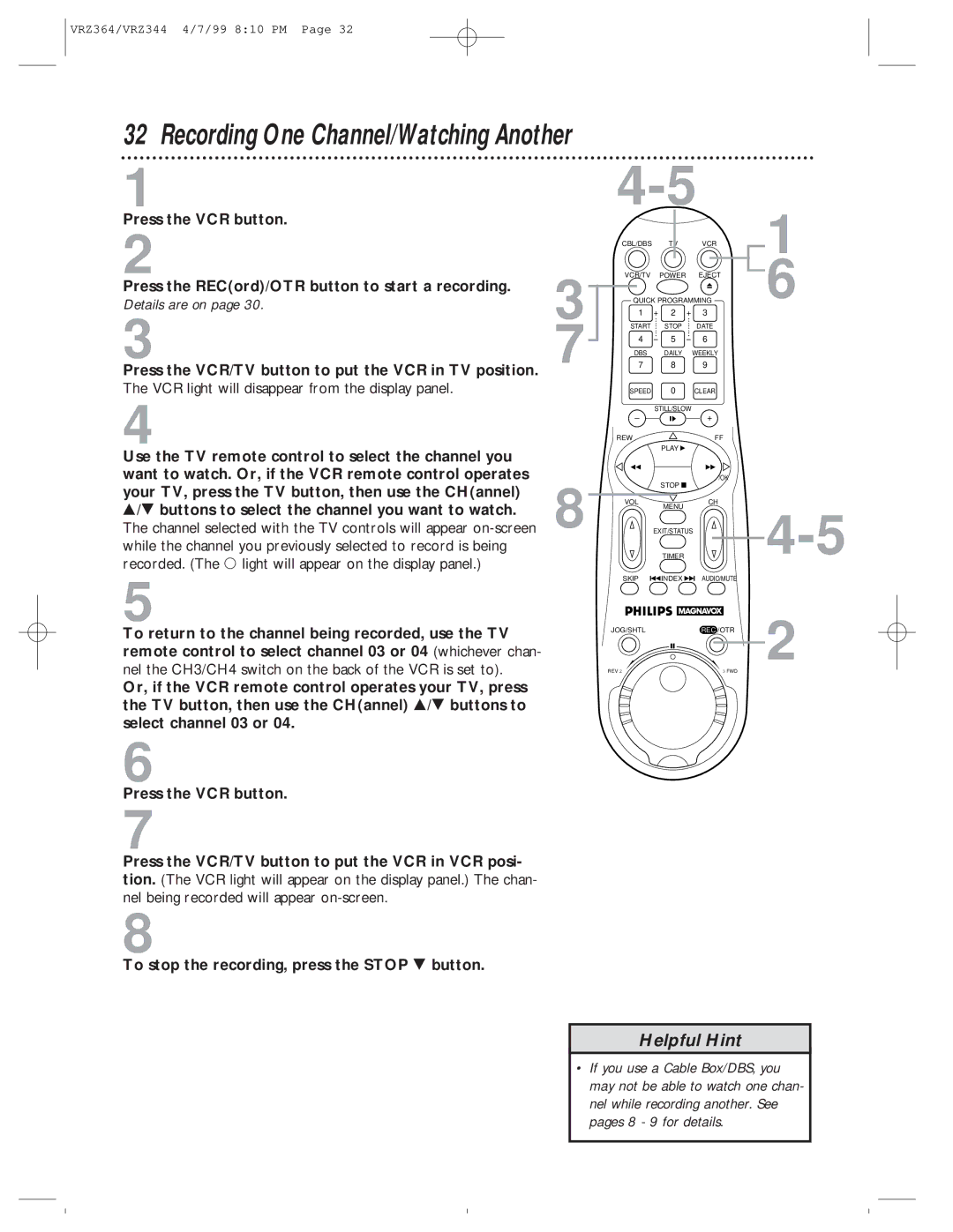 Philips VRZ364AT, VRZ344AT owner manual Recording One Channel/Watching Another 