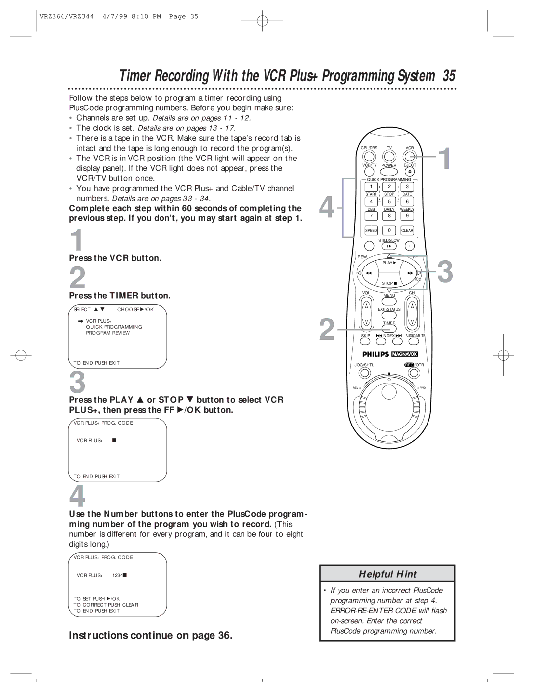 Philips VRZ344AT, VRZ364AT owner manual Timer Recording With the VCR Plus+ Programming System 