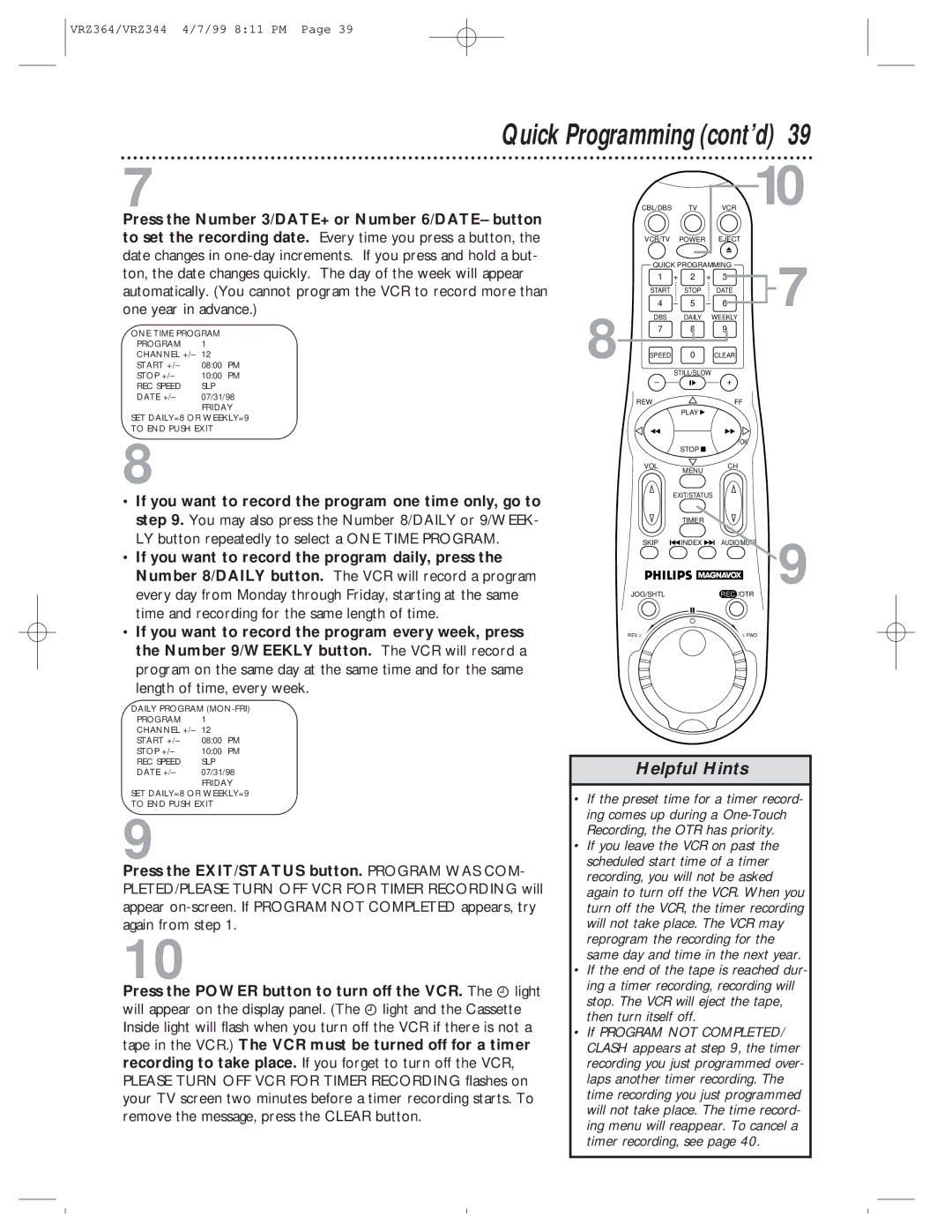 Philips VRZ344AT, VRZ364AT owner manual Quick Programming cont’d 