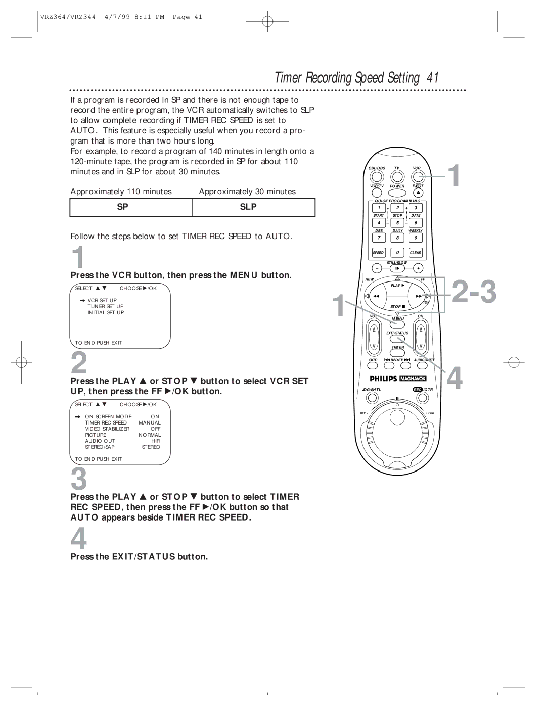 Philips VRZ344AT, VRZ364AT owner manual Timer Recording Speed Setting, Follow the steps below to set Timer REC Speed to Auto 