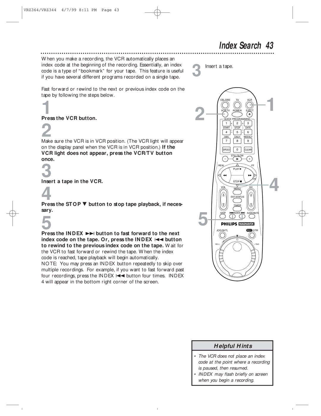 Philips VRZ344AT, VRZ364AT owner manual Index Search, Press the VCR button 