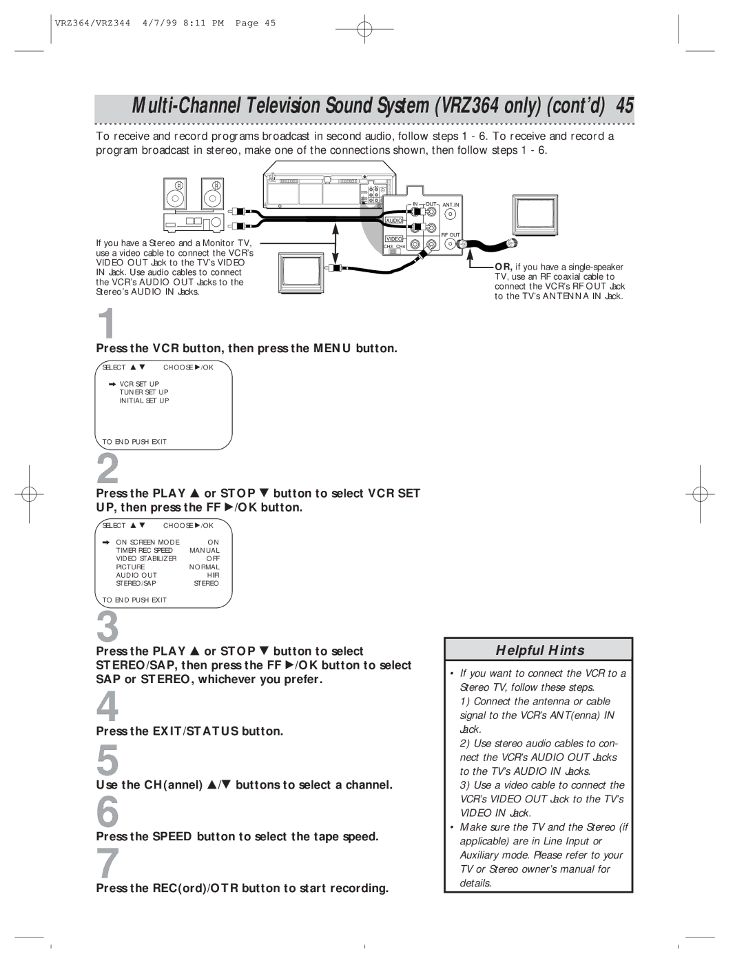 Philips VRZ344AT, VRZ364AT owner manual Multi-Channel Television Sound System VRZ364 only cont’d 