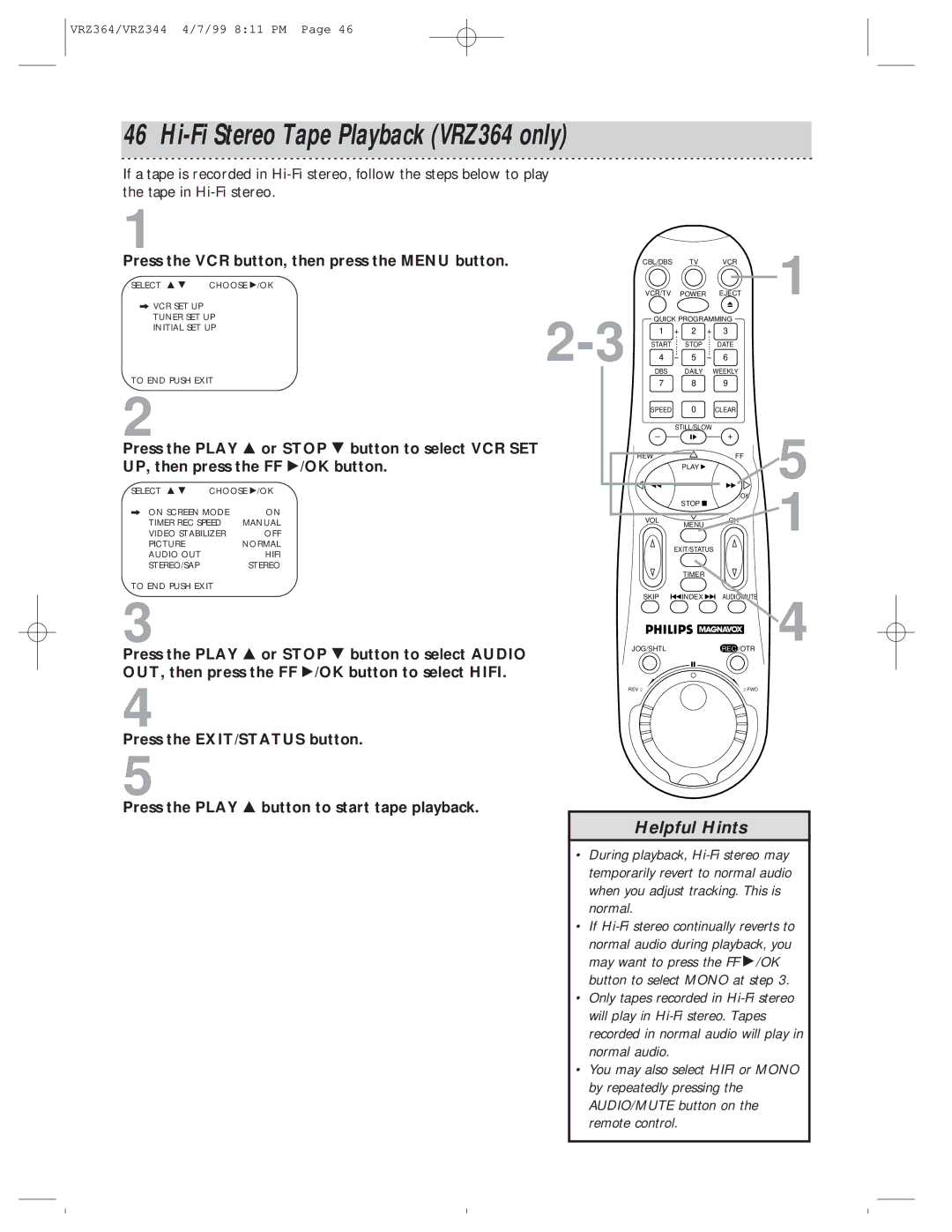 Philips VRZ364AT, VRZ344AT owner manual Hi-Fi Stereo Tape Playback VRZ364 only 