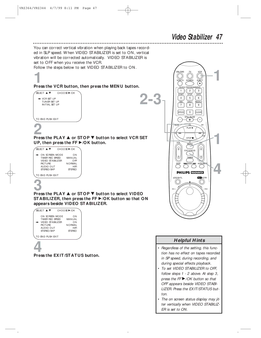 Philips VRZ344AT, VRZ364AT owner manual Video Stabilizer 