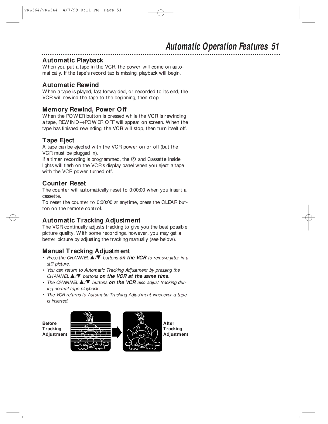 Philips VRZ344AT, VRZ364AT owner manual Automatic Operation Features 