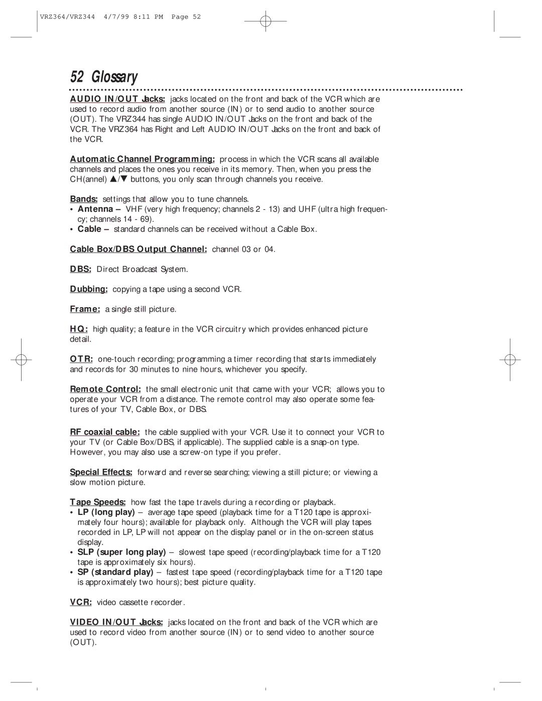 Philips VRZ364AT, VRZ344AT owner manual Glossary, Cable Box/DBS Output Channel channel 03 or 