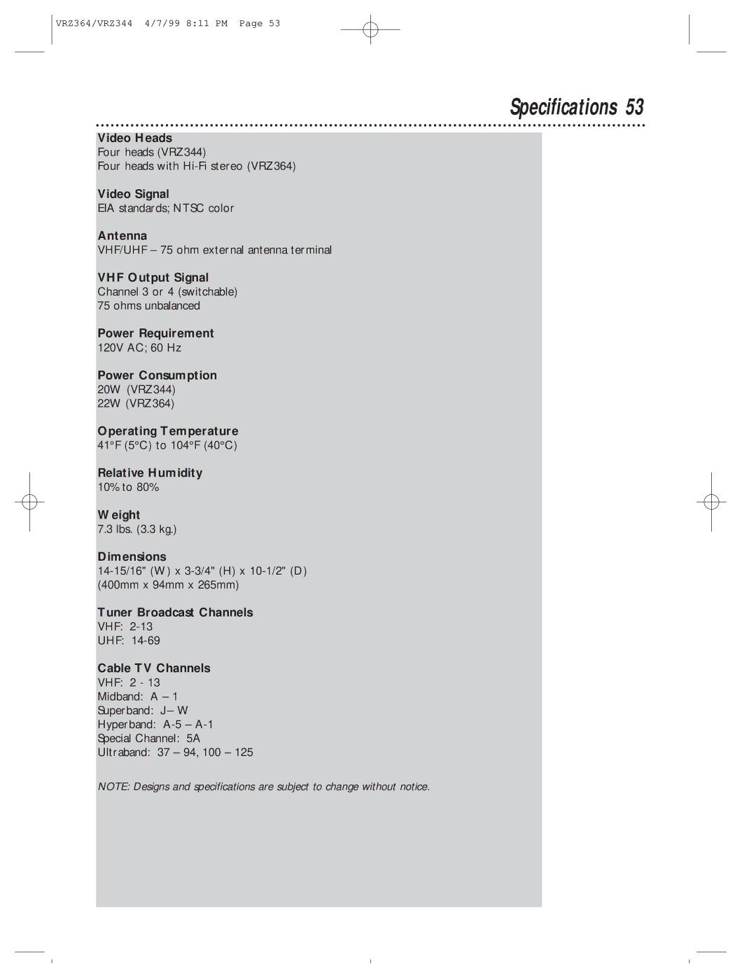 Philips VRZ344AT, VRZ364AT owner manual Specifications 