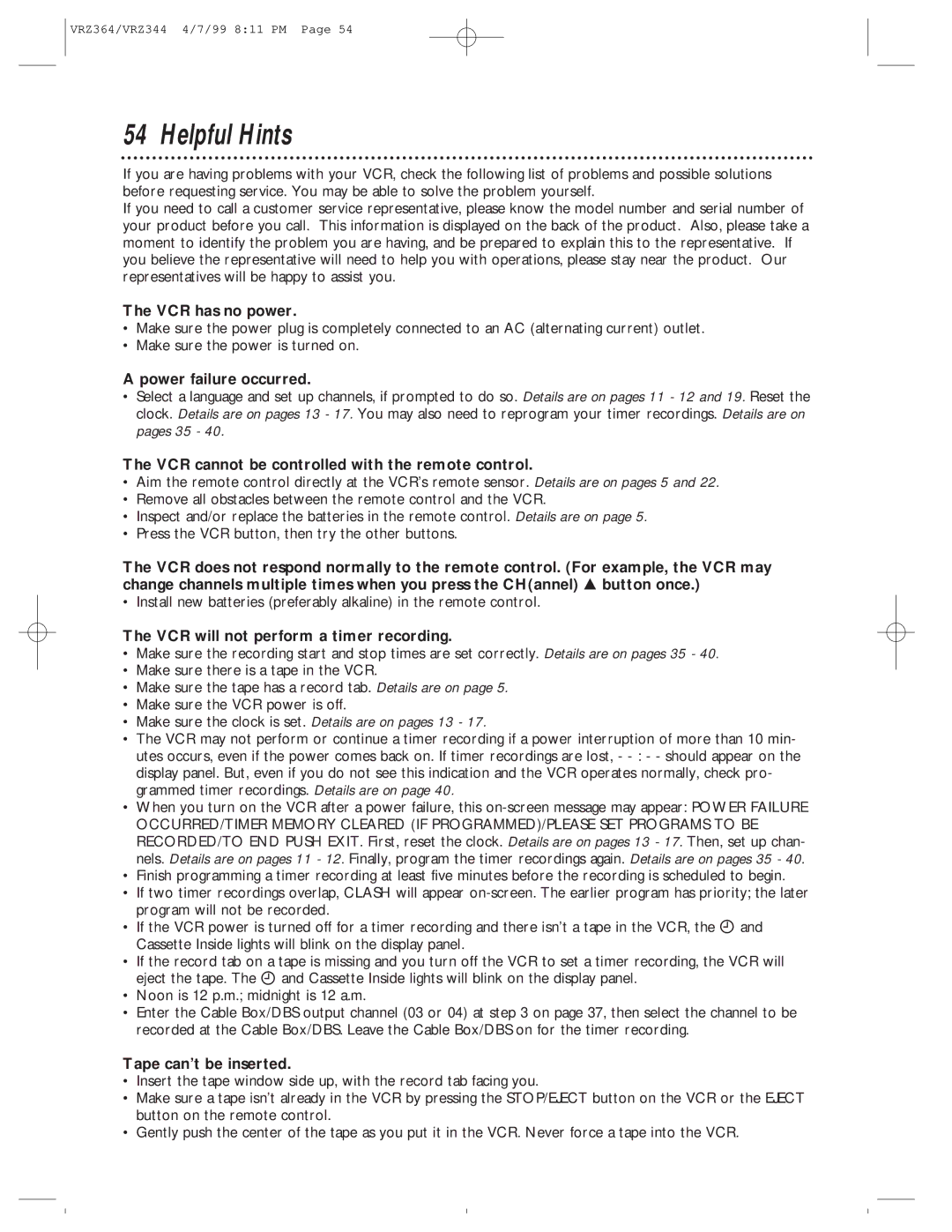 Philips VRZ364AT, VRZ344AT owner manual Helpful Hints 