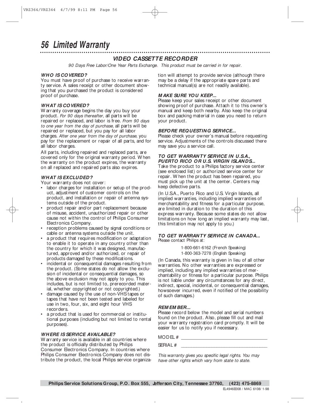 Philips VRZ364AT, VRZ344AT owner manual Limited Warranty, Model # Serial # 