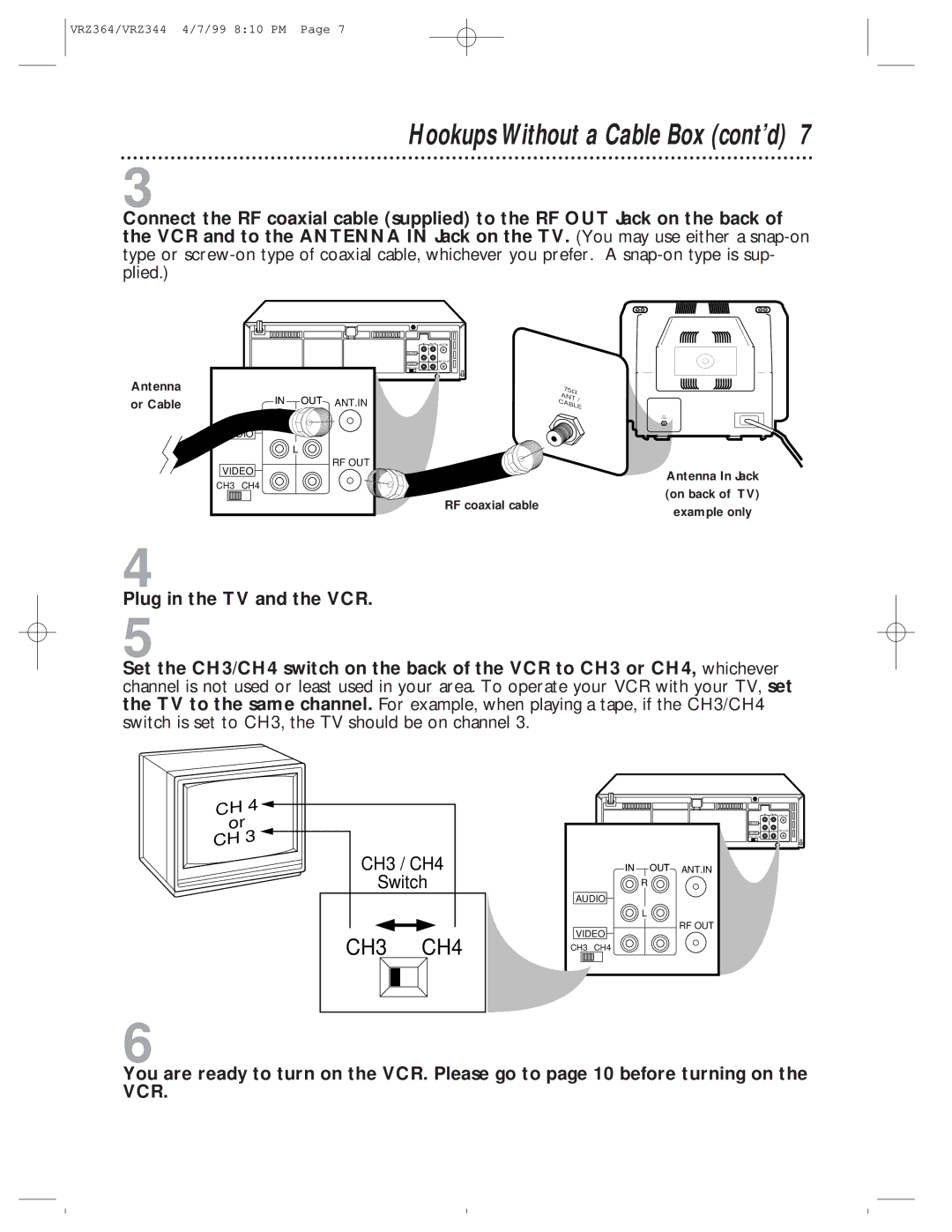 Philips VRZ344AT, VRZ364AT owner manual Hookups Without a Cable Box cont’d, CH3 CH4 