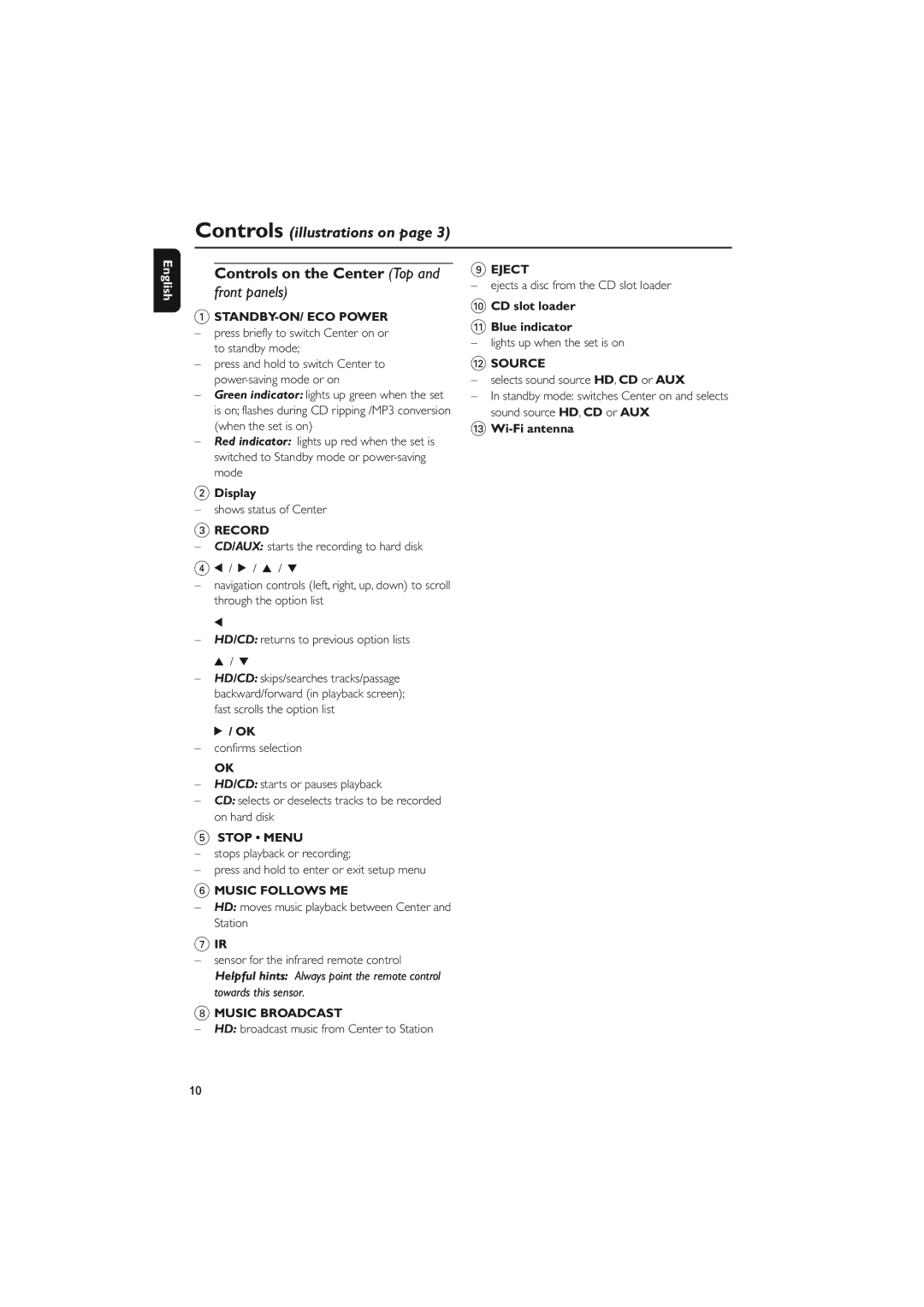 Philips WAC5 user manual Controls on the Center Top, Display, CD slot loader Blue indicator, # Wi-Fi antenna 