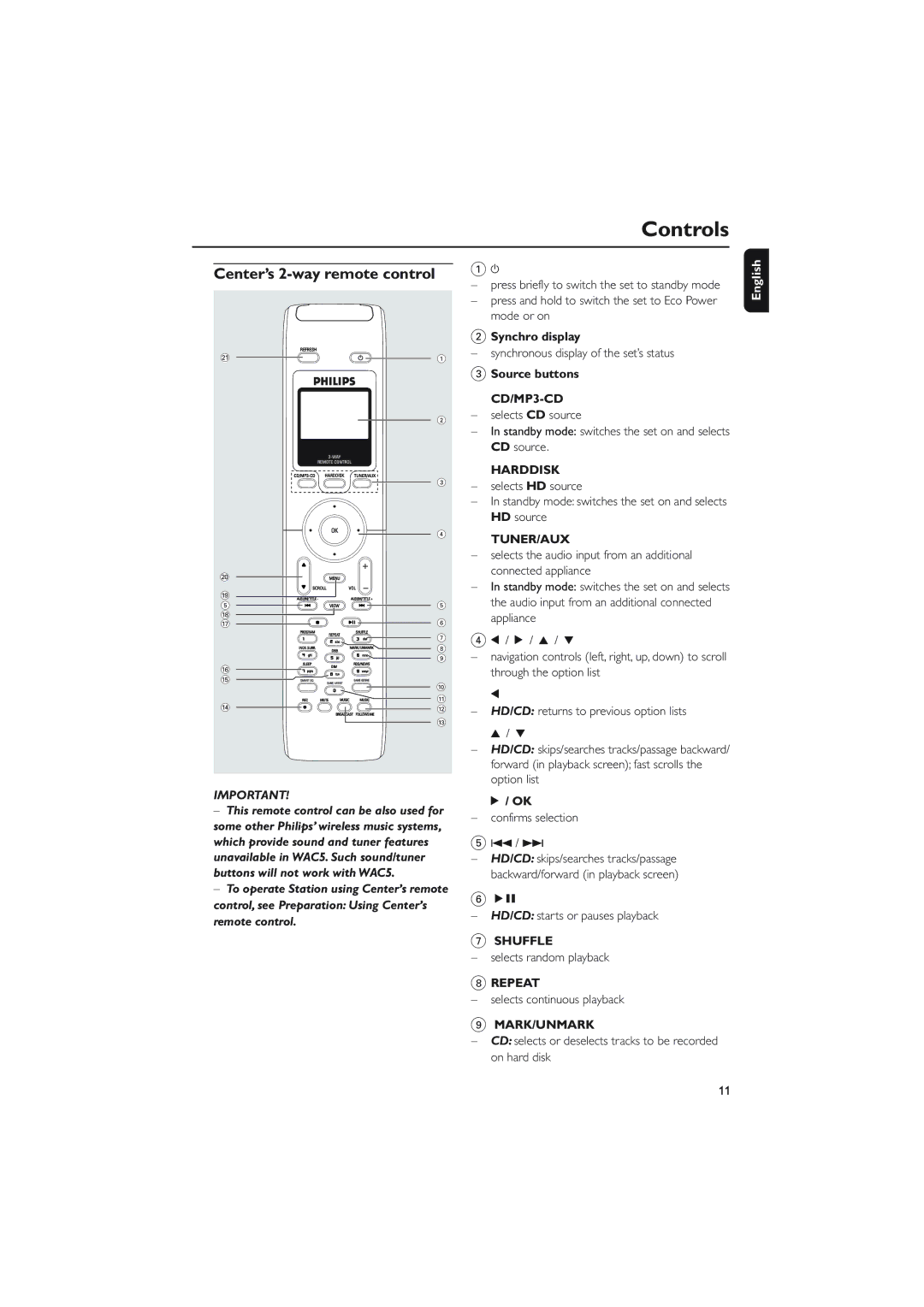 Philips WAC5 user manual Controls, Center’s 2-way remote control, Synchro display, Source buttons 