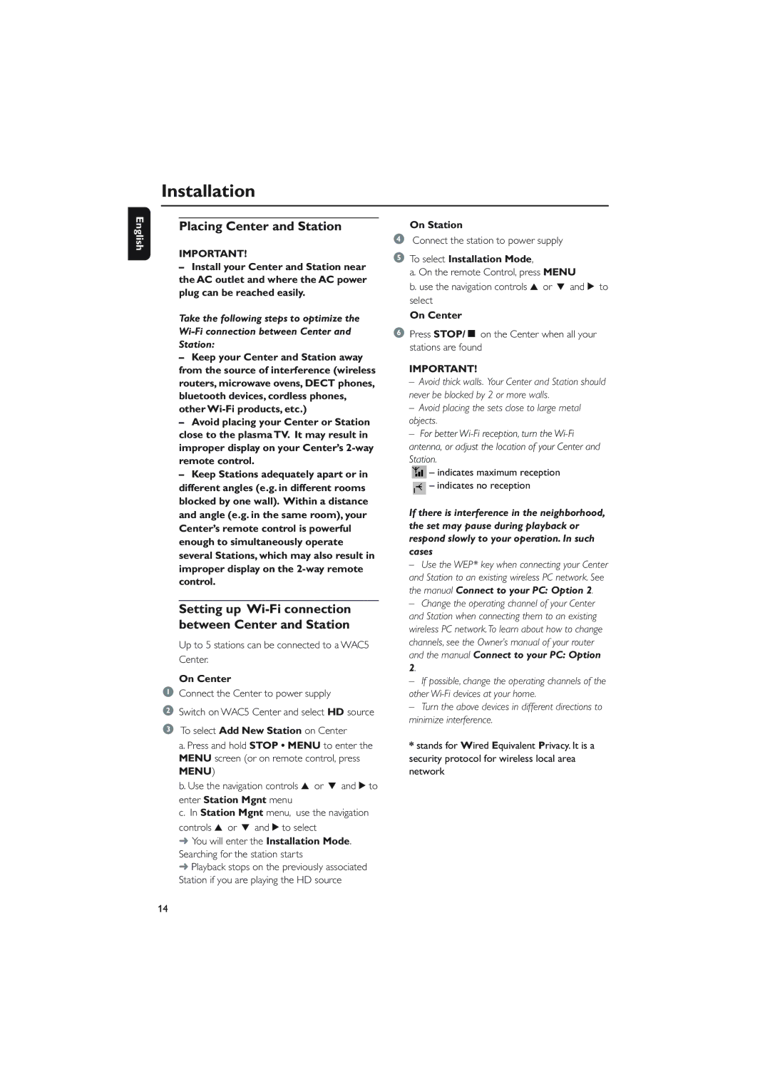 Philips WAC5 user manual Placing Center and Station, Setting up Wi-Fi connection between Center and Station 