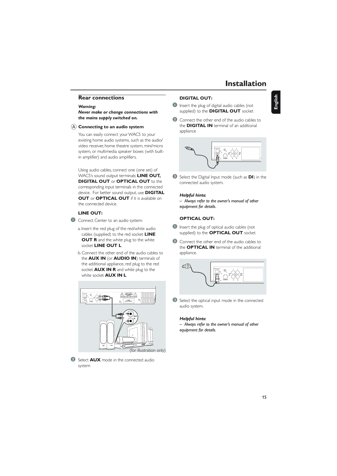 Philips WAC5 Rear connections, Connecting to an audio system, Select the optical input mode in the connected audio system 