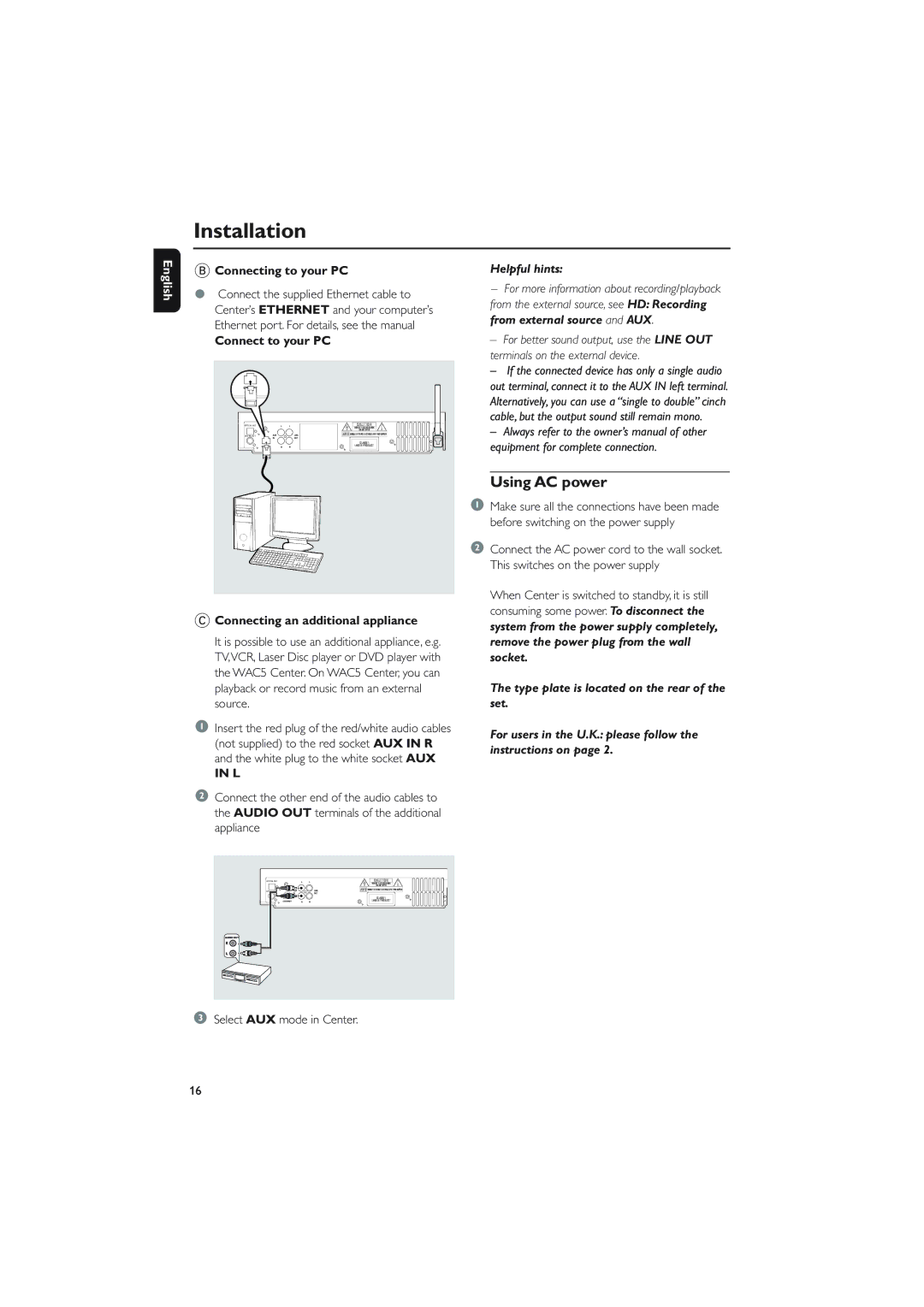 Philips WAC5 user manual Using AC power, Connecting to your PC, Connect to your PC, Connecting an additional appliance 