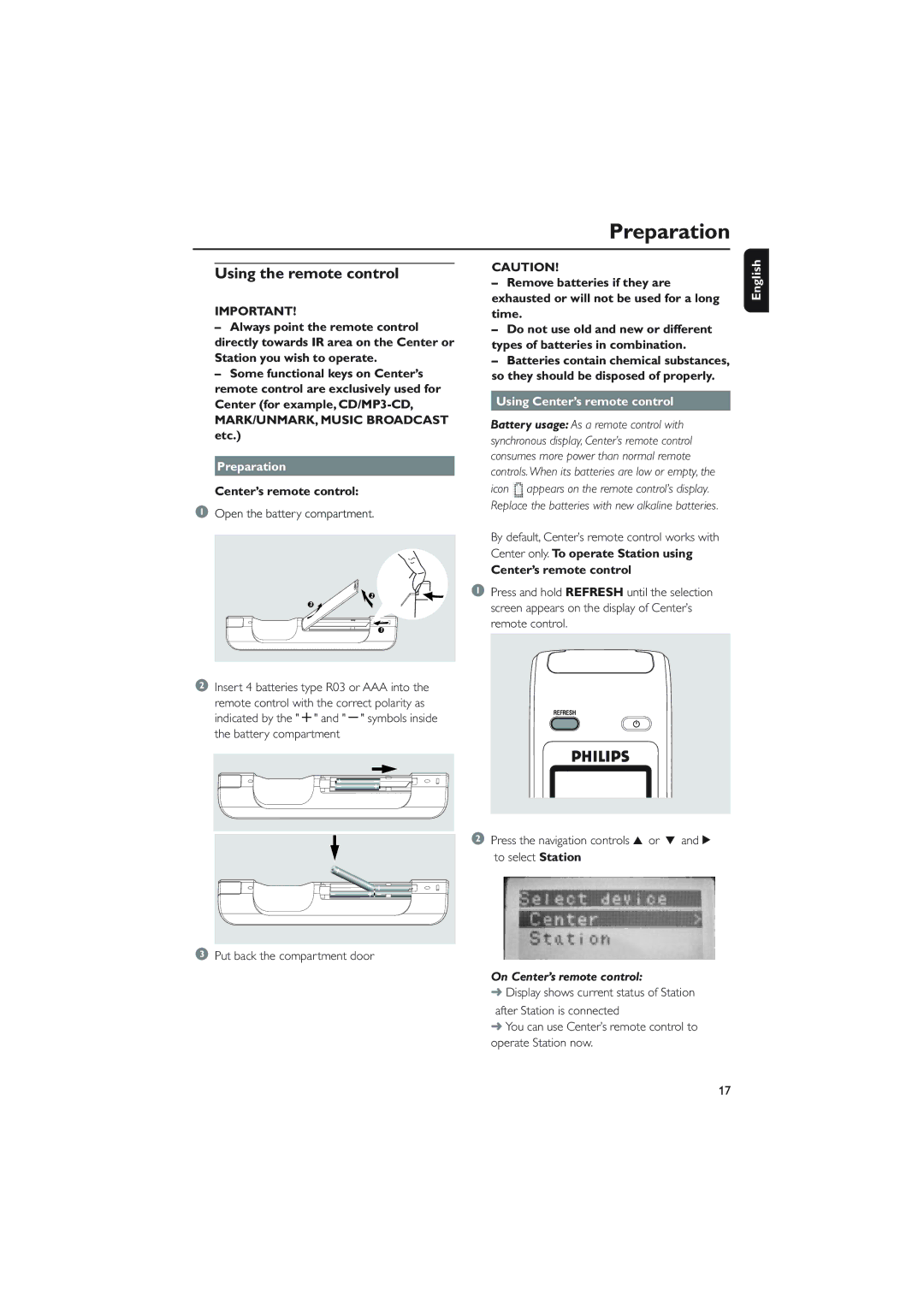 Philips WAC5 user manual Preparation, Using the remote control, Using Center’s remote control 