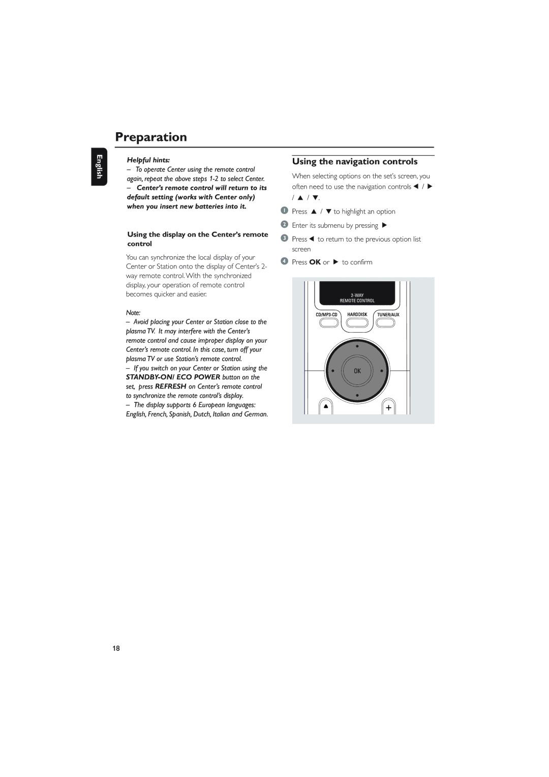 Philips WAC5 user manual Using the navigation controls, Using the display on the Center’s remote control 